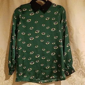 Peter Pan Collared Green Patterned Silk Blouse